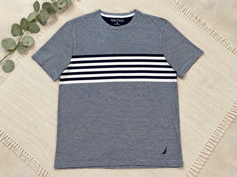 Nautica Men’s Medium Striped Short Sleeve T-Shirt Navy White 100% Cotton Logo